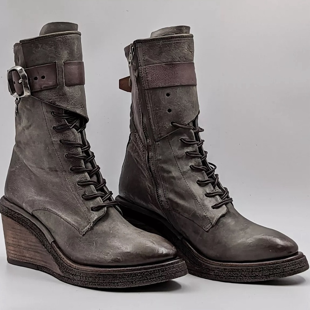 A.S.98 Tatcher Grey Distressed Buckle Wedge Size 38